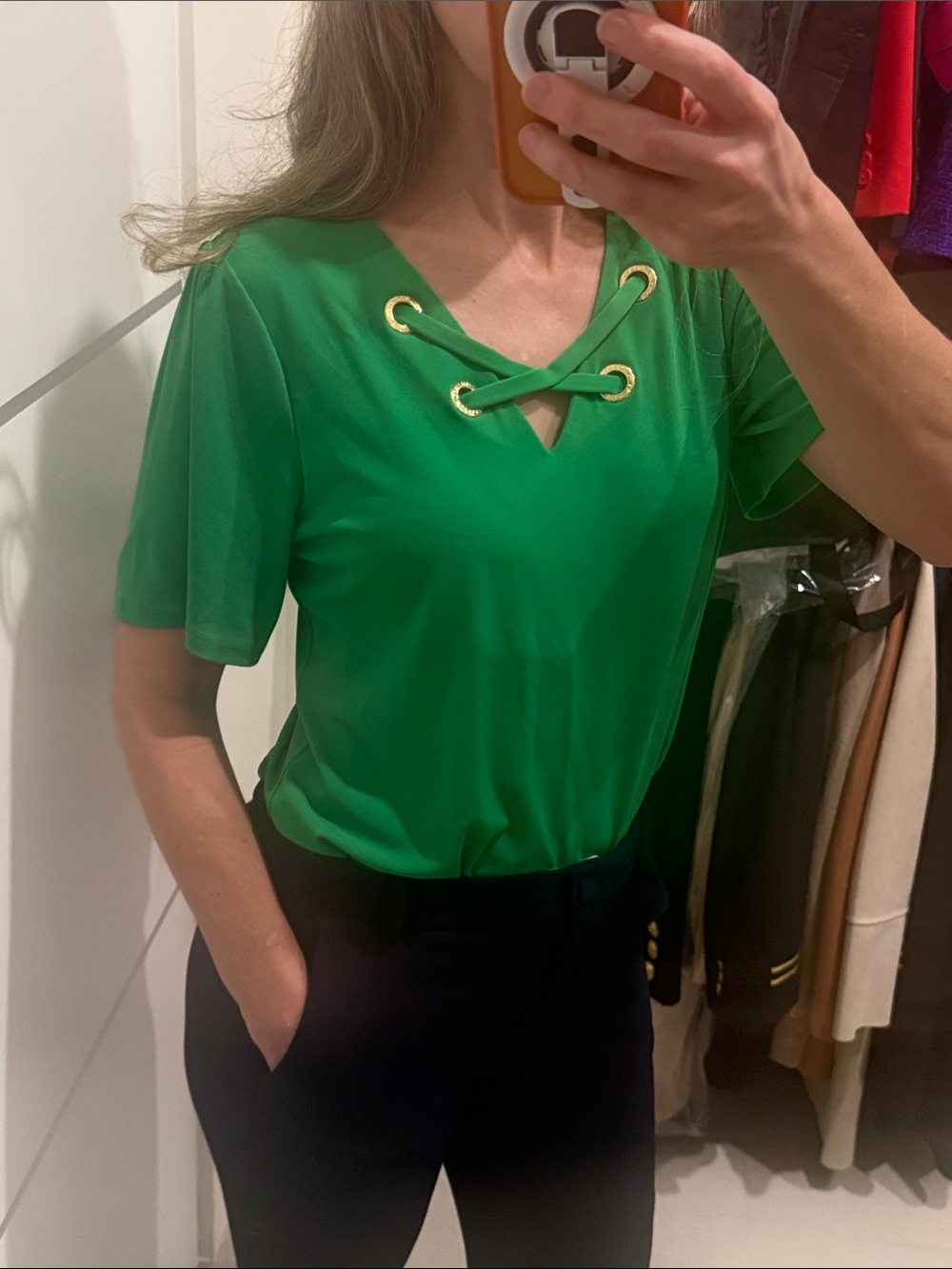 MICHAEL Michael Kors Green Lace-Up V-Neck Top with Gold Eyelets Small